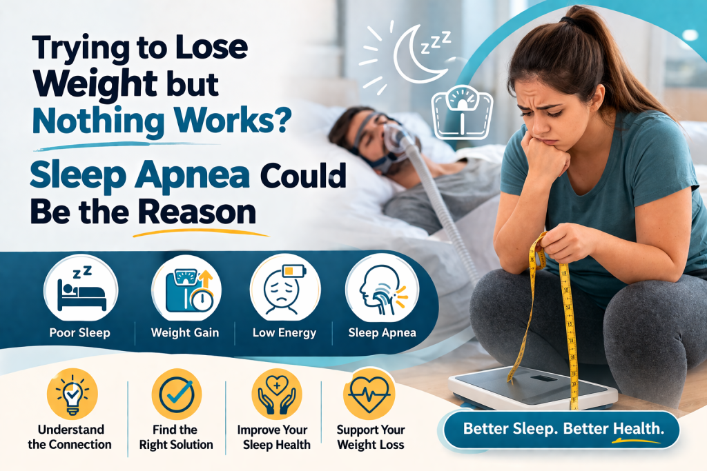 Sleep apnea and weight gain connection infographic with CPAP treatment and weight loss struggle
